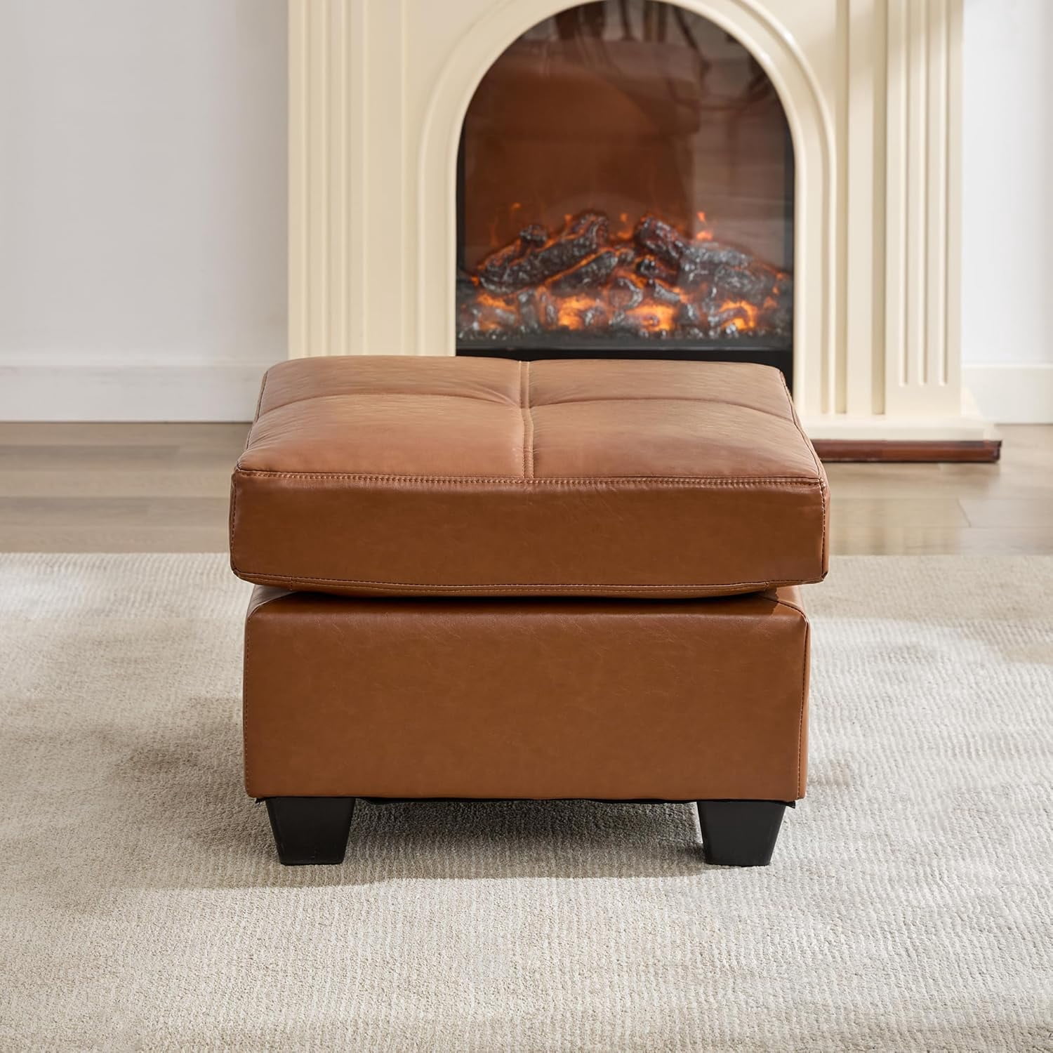 LAZZO Leather Ottoman, Square Faux Leather Bench with Extra Deep Cushion, Multi-Functional Footrest & Extra Seating for Living Room Bedroom, Brown