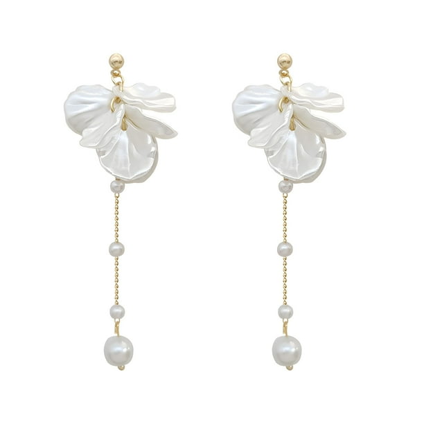 Pendientes de flores de perlas Pendientes colgantes de perlas Pendientes de flores colgantes blancos Pendientes de boda de graduación Joyería para fiesta de cumpleaños Regalos para mujeres