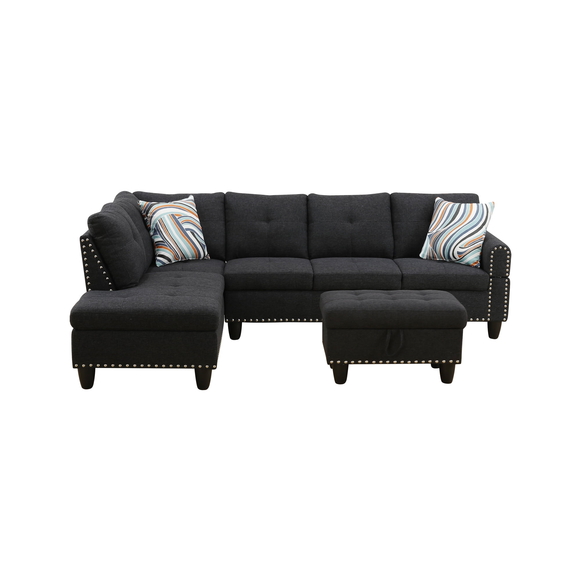 Howcool 98" Sectional Sofa, L-Shaped Couch with Storage Ottoman & Left-Facing Chaise, Linen Fabric Modular Sectional Sofa for Living Room, Apartment & Small Space, Black Gray