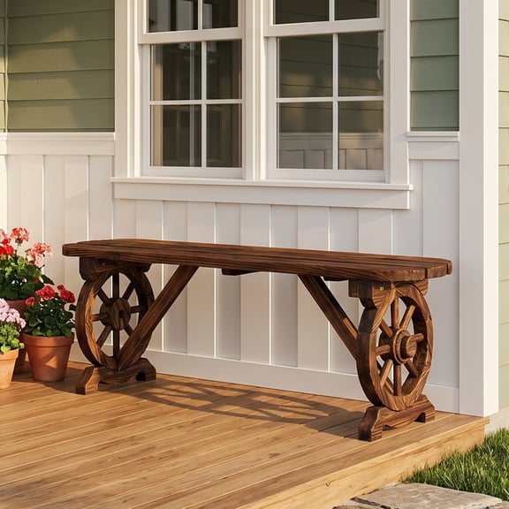 Ktaxon 46in Wagon Wheel Rustic Outdoor Wooden Bench for Patio Garden, Slatted Carbonized Fir Wood Bench, Carbonized