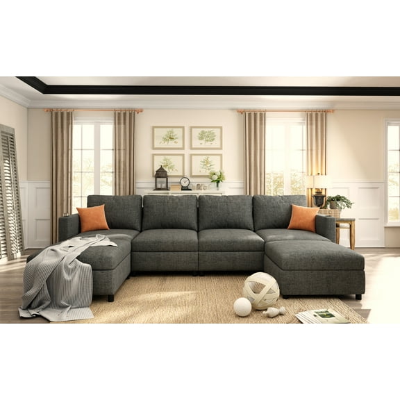 HQZX Modern Large Sofa with Storage and Footstool, 6 Seater Combination Lounge Chair, Gray