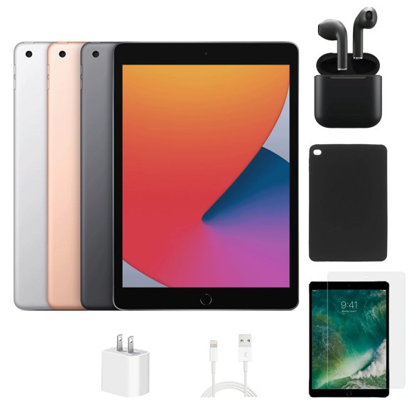 Pre-Owned Apple iPad 8th Gen A2428 (WiFi Cellular Unlocked) 128GB Gold Bundle with Case, Wireless Earbuds, Tempered Glass Screen Protector