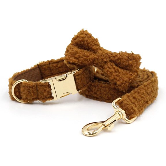 UOSIA White Dog Collars for Wedding Fashion Bow Tie Puppy Collar and Leash Set,Brown Set,L