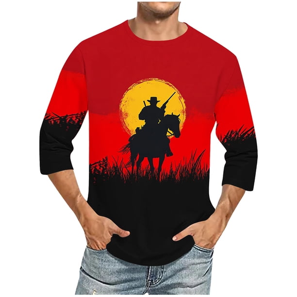 Camisas de Lino para Hombres Impresión Cuello Redondo Casual 3/4 Manga Blusa, Mezcla de Lino de Algodón para Primavera Verano Ocio Y Tops Diarios