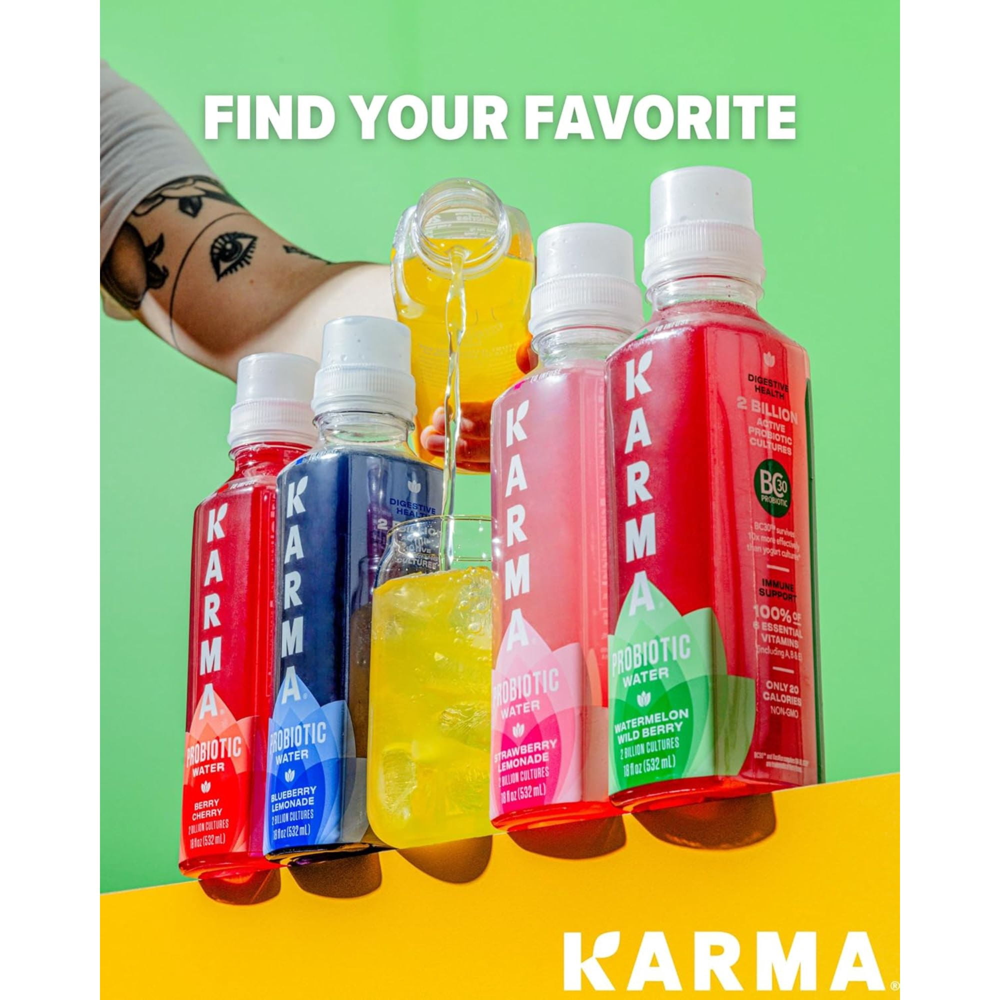 Karma Probiotic Water 12‑Bottle Variety Pack – 4 Flavors – Push‑Cap Vitamins, 2 Billion Cultures, 18 fl oz Bottles