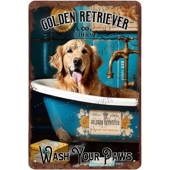 Golden Retriever Decor Wash Your Paws Dog Art Retro Aluminum Sign 12x8 IN Metal Tin Sign Funny Bathroom Wall Decor Dog Gifts Golden Retriever Wall Art Shabby Chic Wall Art for Living Room