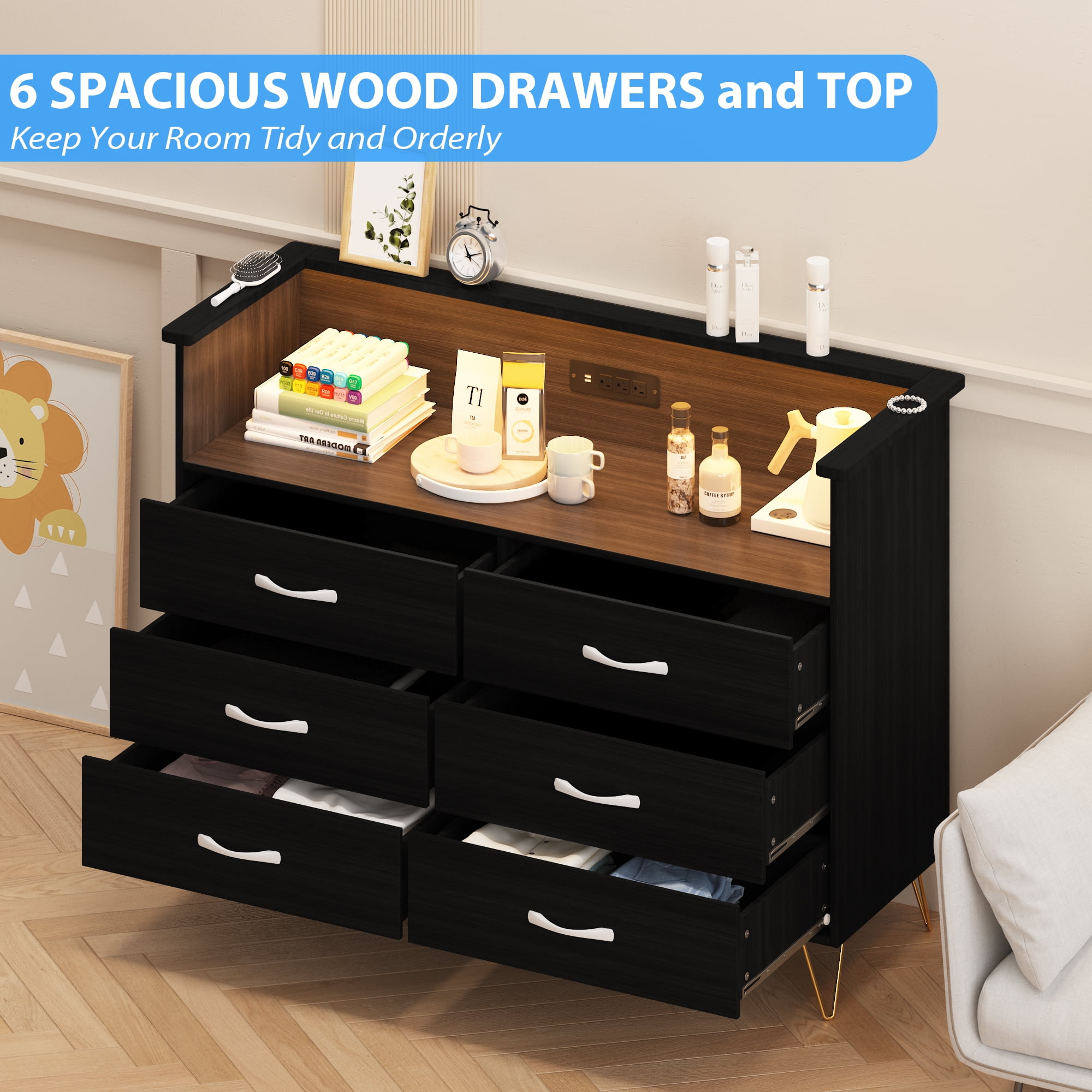Homhougo Dresser for Bedroom 6 Drawer Black with LED Light & Charging Station, Wooden Dressers and Chests of Drawers with 2-Tier Open Shelves, Wide Dresser Organizer for Living Room Hallway Entryway
