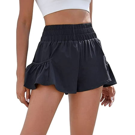 ZPYESWOW Bike Shorts Women Tummy Control Women s Solid Color High Waist Shorts Sports Running Shorts Workout Gym Flowing Shorts with Pockets Summer Shorts Women Black XXL