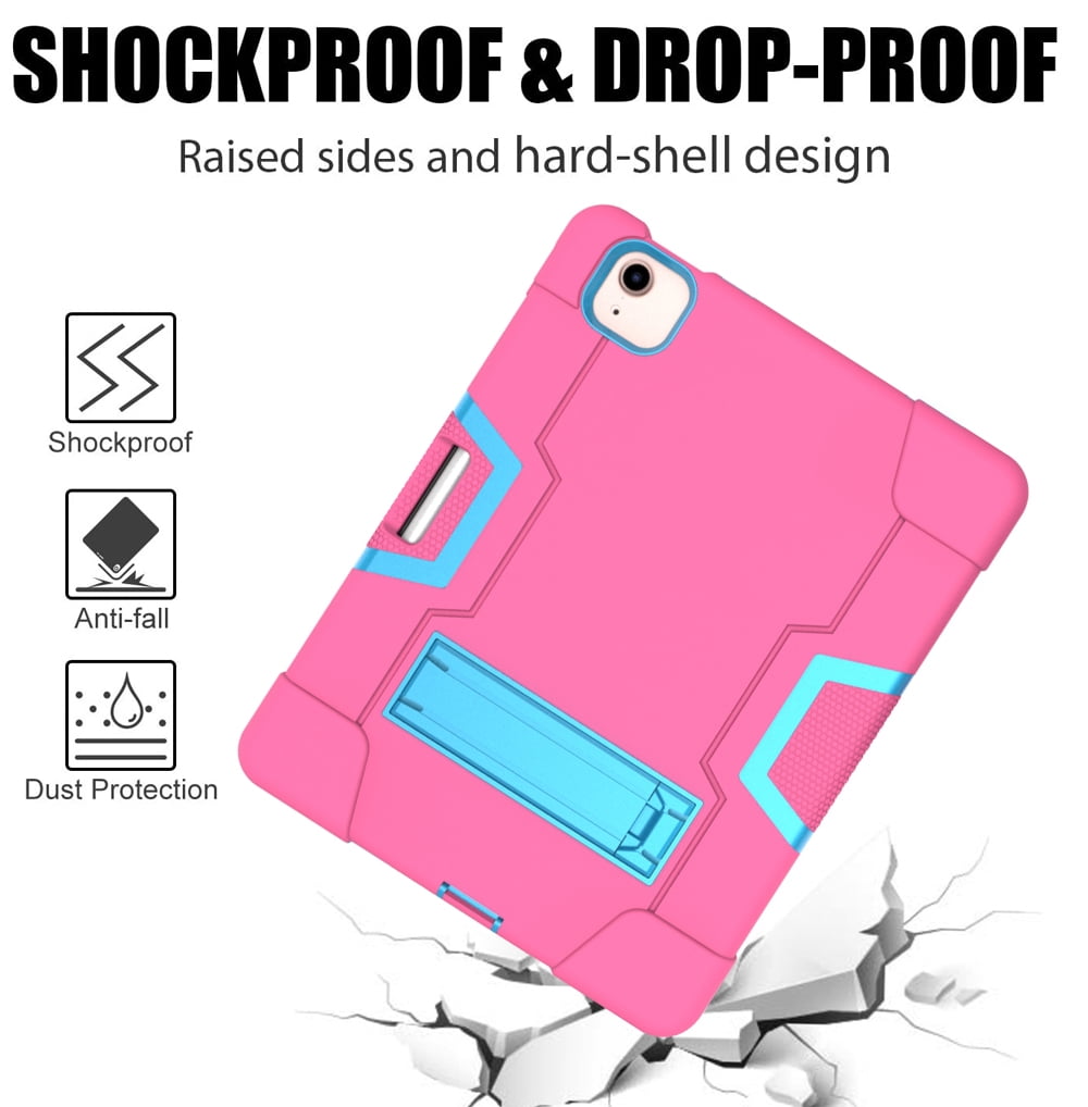 Allytech iPad Air 5 Case 2022, iPad Air 4 Case 2020, Heavy Duty Protection Shockproof Build In Kickstand Pencil Holder Kids Friendly Case for Apple iPad Air 5th 4th Generation, BlackRose/Blue