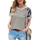 thumbnail image 1 of Mujer Cuello Redondo Top Camisa De Manga Corta Empalme A Rayas Impreso Top Verano Causal Blusa Gris M, 1 of 6