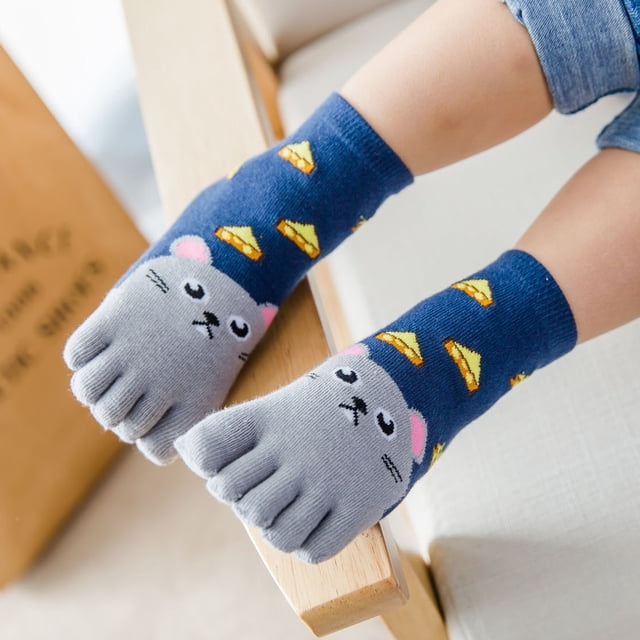 Calcetines de algodón de cinco dedos para niños y niñas de cuatro estaciones, con dibujos animados de animales bordados, de 3 a 7 a 12 años