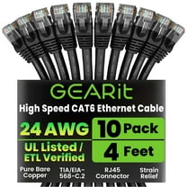 GearIT Cat 6 Ethernet Cable Pack - 10-Pack 4 ft Cat6 Ethernet Patch Cables | RJ45 Network Patch Cable, 10 Gbps Snagless Gold-Plated Connectors - Ethernet Cable Cat 6 for PC, TV, Router - Black