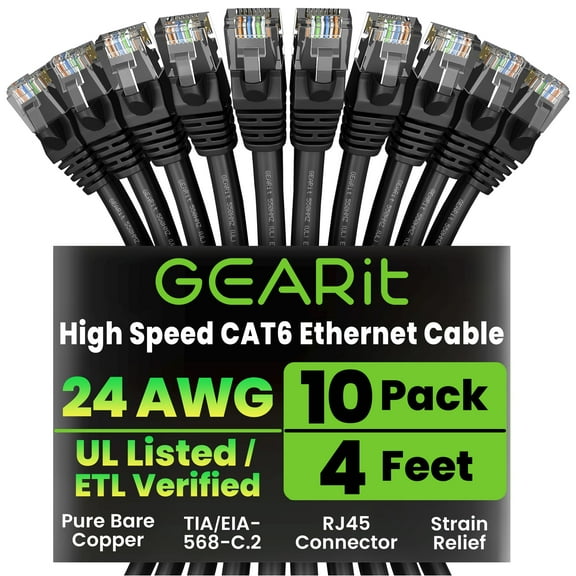 GearIT Cat 6 Ethernet Cable Pack - 10-Pack 4 ft Cat6 Ethernet Patch Cables | RJ45 Network Patch Cable, 10 Gbps Snagless Gold-Plated Connectors - Ethernet Cable Cat 6 for PC, TV, Router - Black