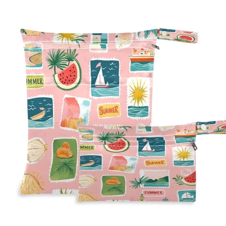 2 PCS Wet Dry Bags for Baby Cloth Diapers Reusable Waterproof Wet Bags for Stroller, Travel & Gym Summer Travel Stamps