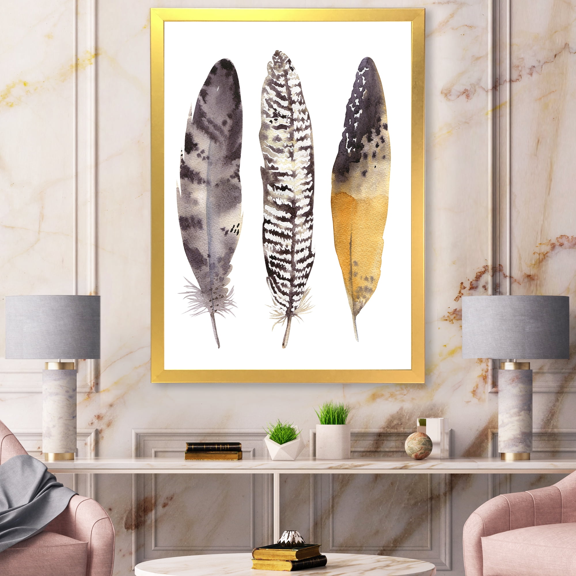 Designart 'Boho Ethnic Art Dark Gray Feathers III' Bohemian & Eclectic Framed Art Print