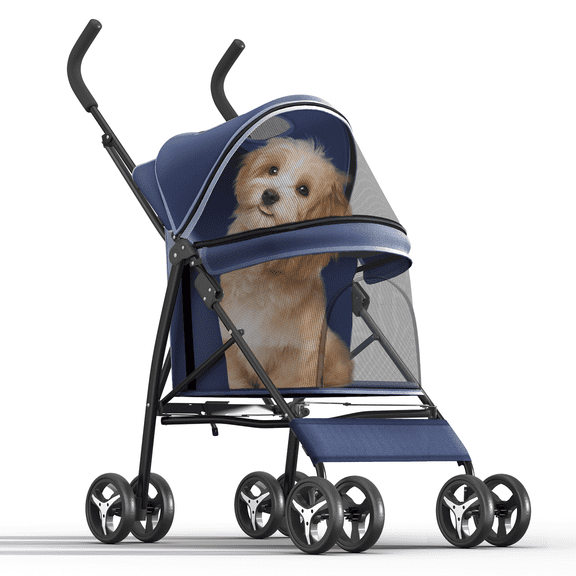 OSM 4-Wheel Compact Pet Stroller for Small-Medium Dogs & Cats up to 22lbs, Lightweight Umbrella Fold Design with Breathable Mesh, Cup Holder & Rear Storage Bag, Navy Blue