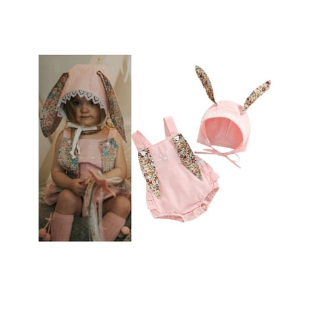 

Easter Newborn Baby Girl Romper Cute Floral Bunny Ear Rabbit Pompom Jumpsuit Overalls with Cartoon Hat 2Pcs Sets