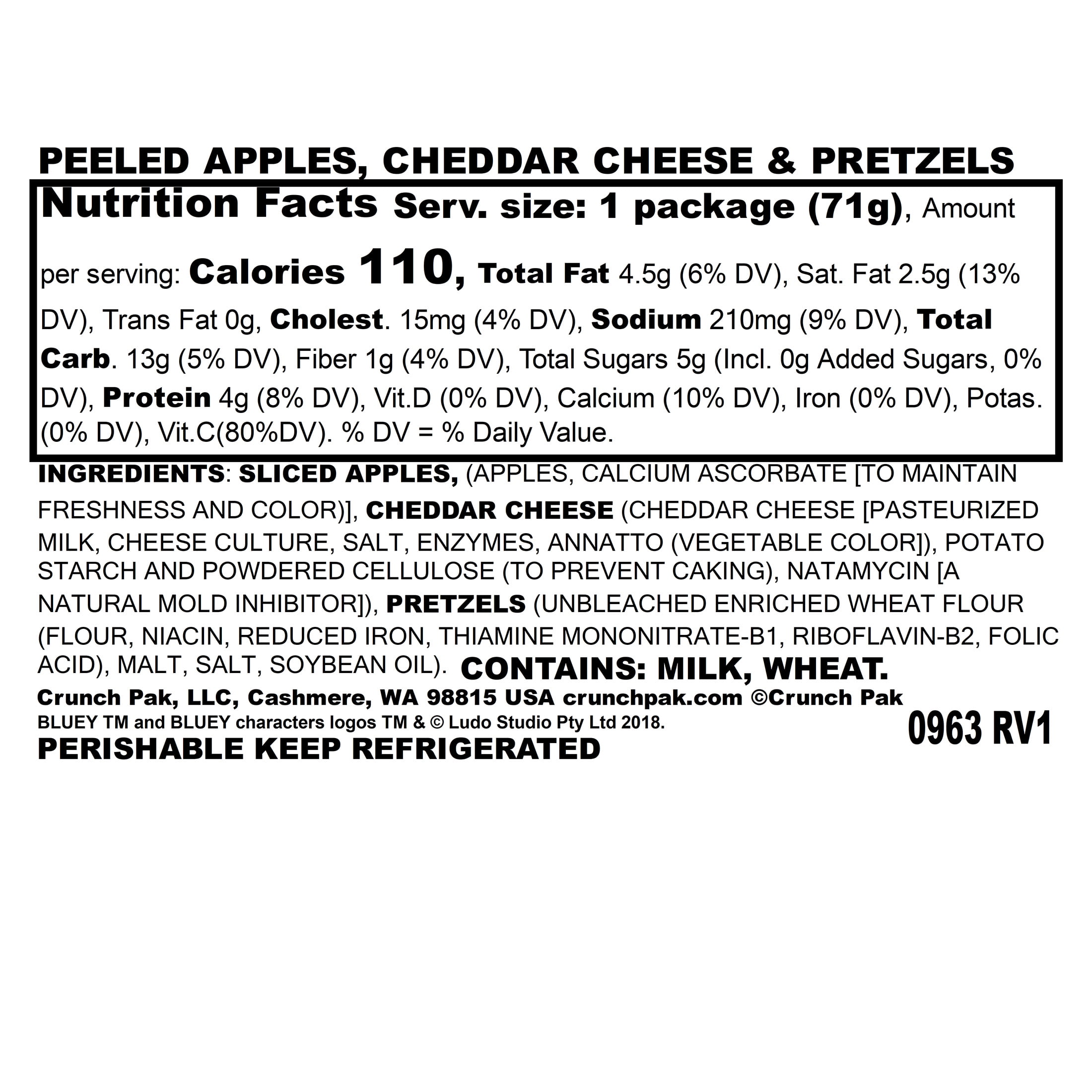 Crunch Pak Snack Featuring Bluey with Fresh Sliced Peeled Apples, Pretzels, and Cheese, 2.5oz Tray
