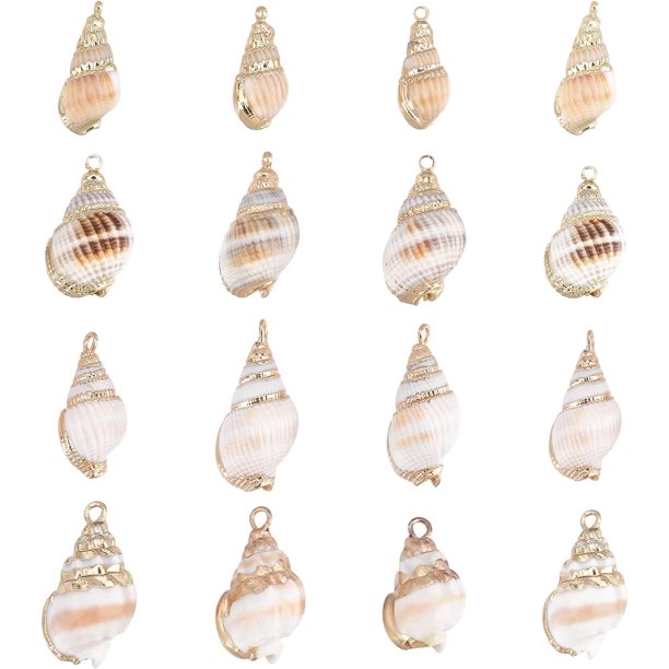 1 caja de 16 piezas de 4 estilos de conchas marinas en espiral con diseño de océano y playa, colgantes artesanales con forma de concha y abalorios chapados en oro.