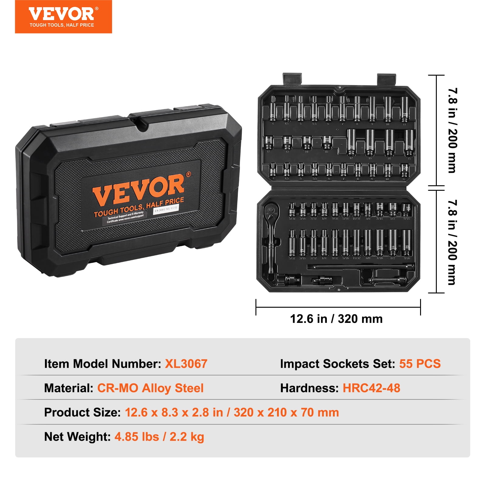 VEVOR Drive Impact Socket Set 1/4" - 55 Piece Deep & Shallow Socket Set SAE 5/32"-9/16" and Metric 4-15mm - 6 Point CR-V Alloy Steel for Auto Repair - Easy-to-Read Size Markings - Storage Case