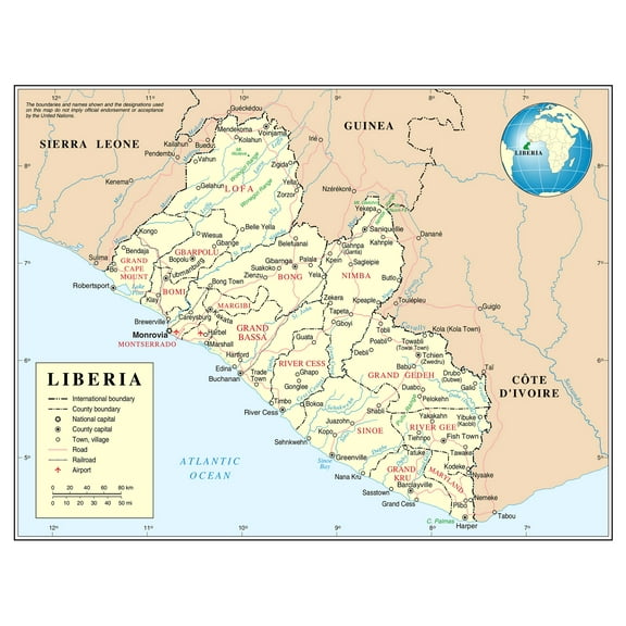 Palmetto Posters Large Detailed Political and Administrative Map of Liberia 24'' x 31'' Poster