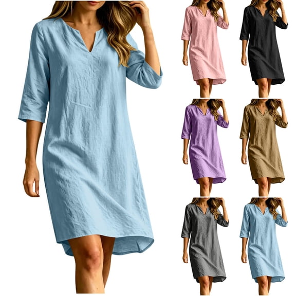 Tqcoqu Linen Dresses for Women,V Neck 3/4 Sleeve Tunic Boho Knee Length Dress, Casual Summer Shift Modest Beach Vacation Dresses,Black Women's S-XXL