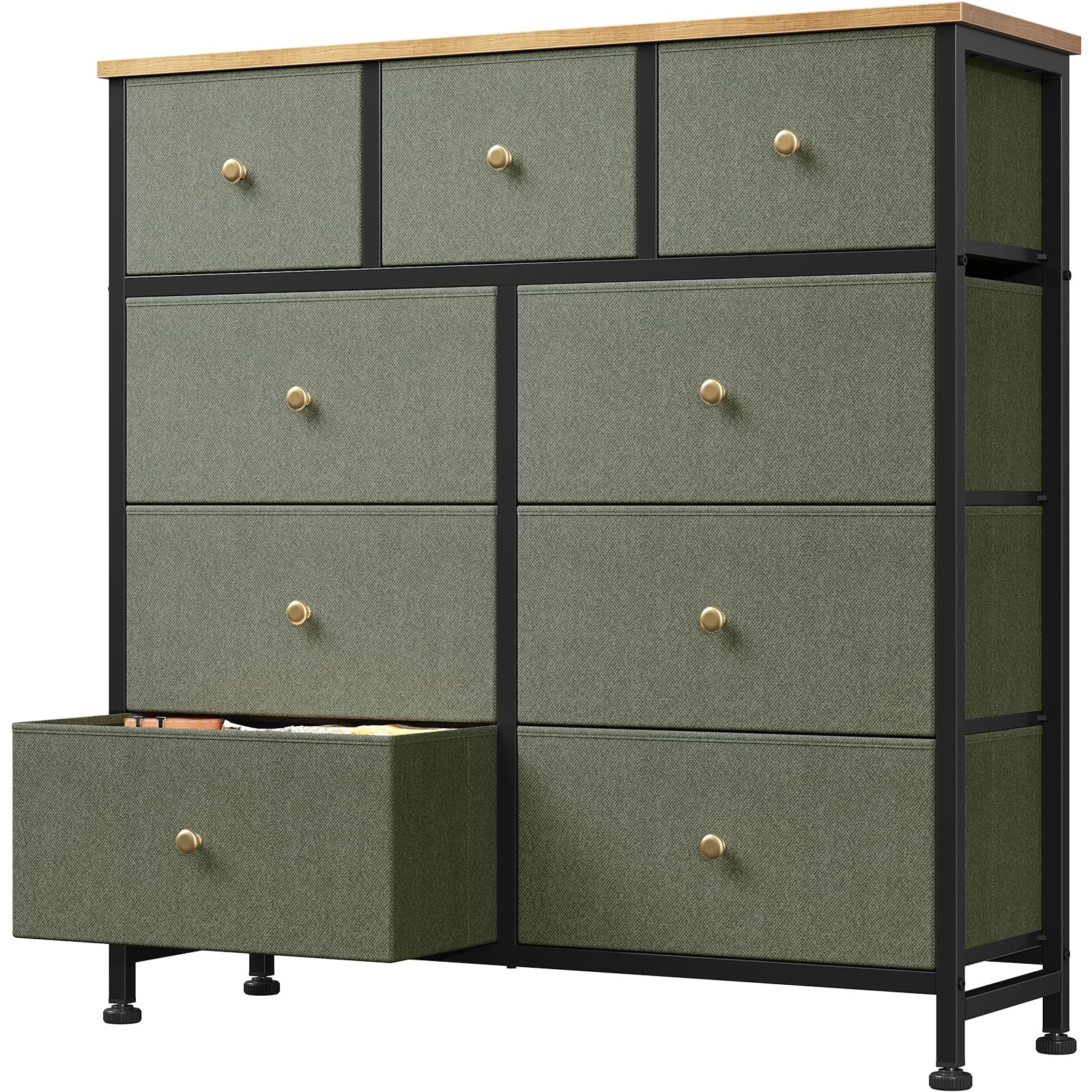 Telyra 9-Drawer Fabric Dresser Tall Storage Tower with Wood Top and Steel Frame Bedroom Closet Organizer, Greyish Green