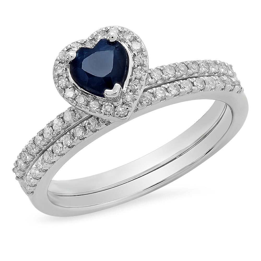 Sterling Silver Dazzlingrock Collection Blue Sapphire & White Diamond Heart Shaped Bridal Ring Set 