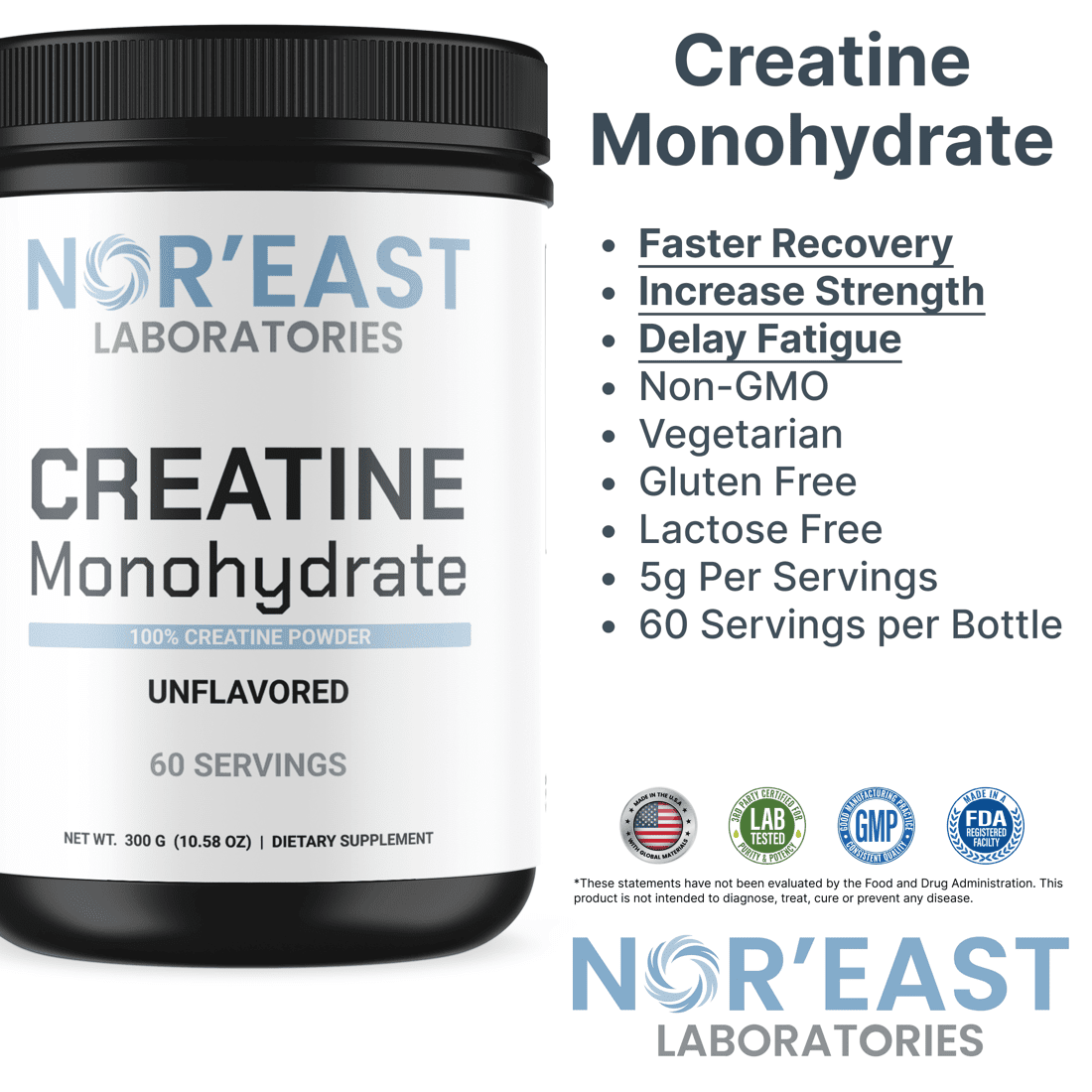 Nor'East Laboratories Creatine Monohydrate, Unflavored, 300 Grams, 60 Servings