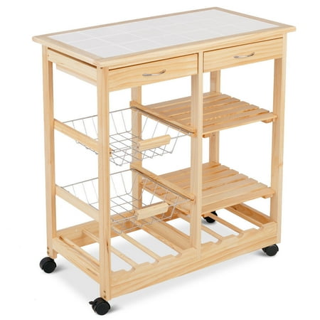 Costway Rolling Wood Kitchen Trolley Cart Island Shelf W Storage