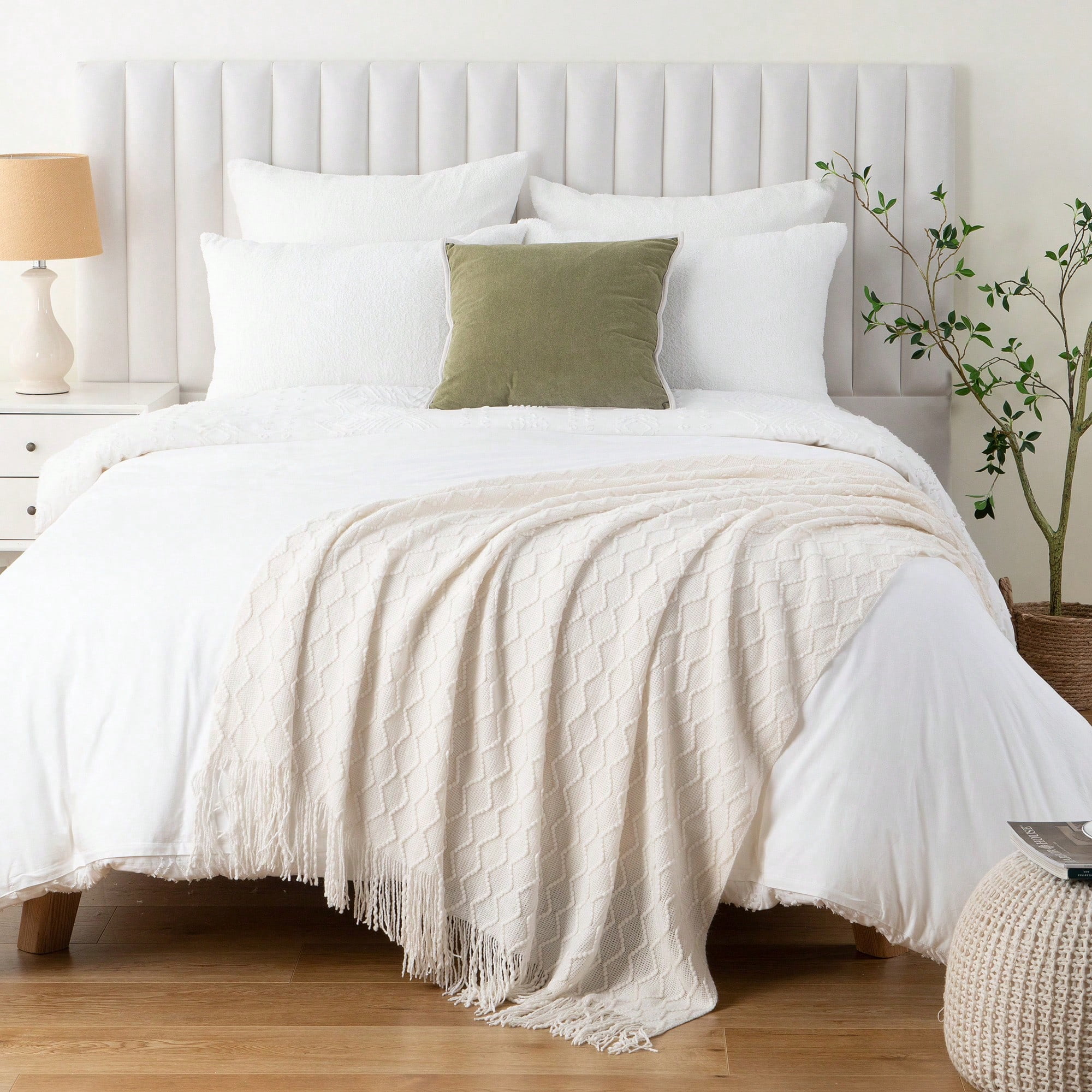 Battilo Ivory White Knitted Throw Blanket, Boho Decorative Throws,Lightweight Knit Blanket for Sofa,50"x60"