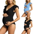 thumbnail image 3 of Gyexs Ruffle Ribbed Maternity Swimsuit One Piece High Waisted Pregnancy Bathing Suits Push Up Swimwear #02 Black, Size M, 3 of 6