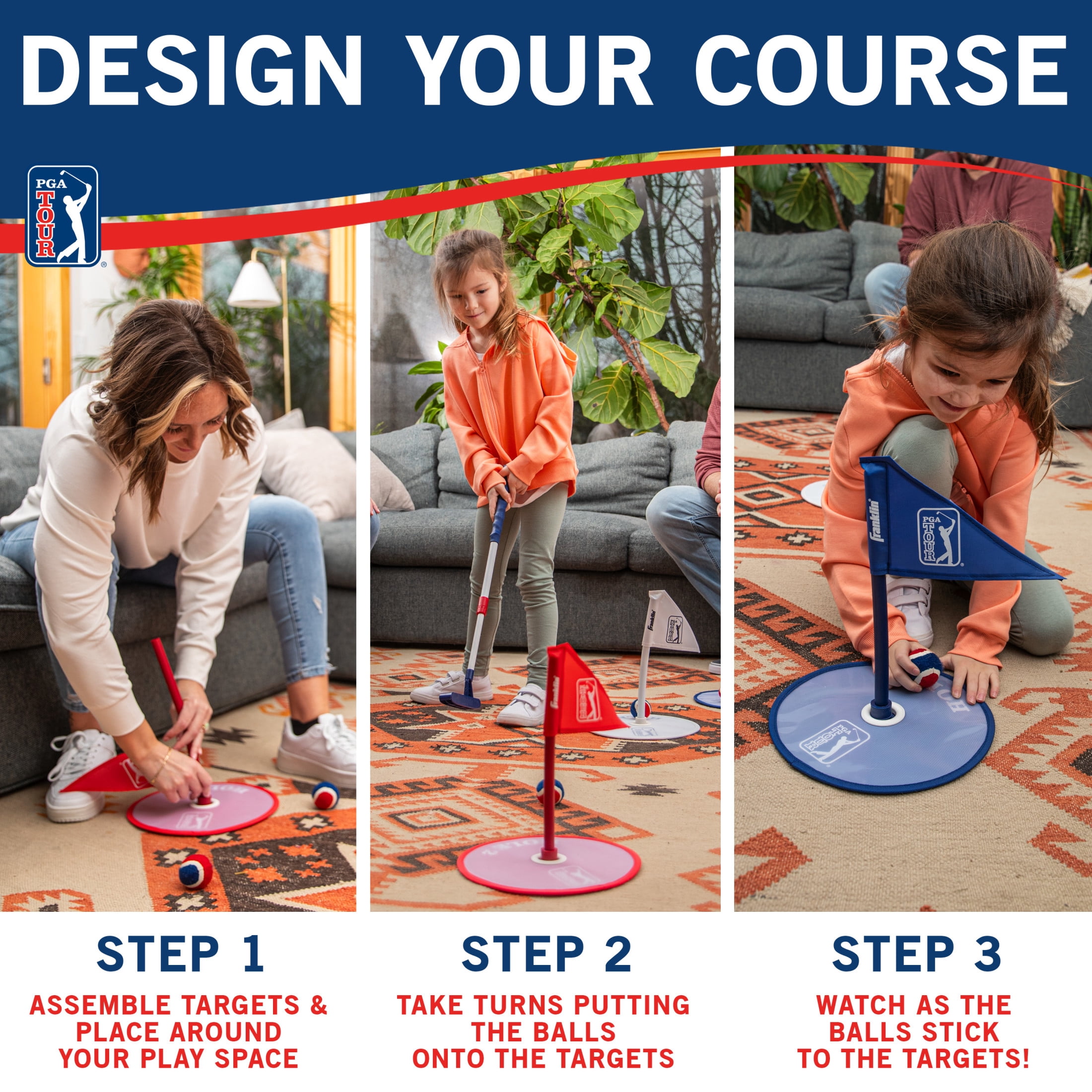 Franklin Sports Kids Indoor Mini Golf Set - PGA TOUR Putt N' Stick Mini Golf Set for Boys + Girls - Toy Indoor Mini Golf Game for Kids - Perfect Youth Golf Set for Ages 3+ - Putter, Balls + Holes Set