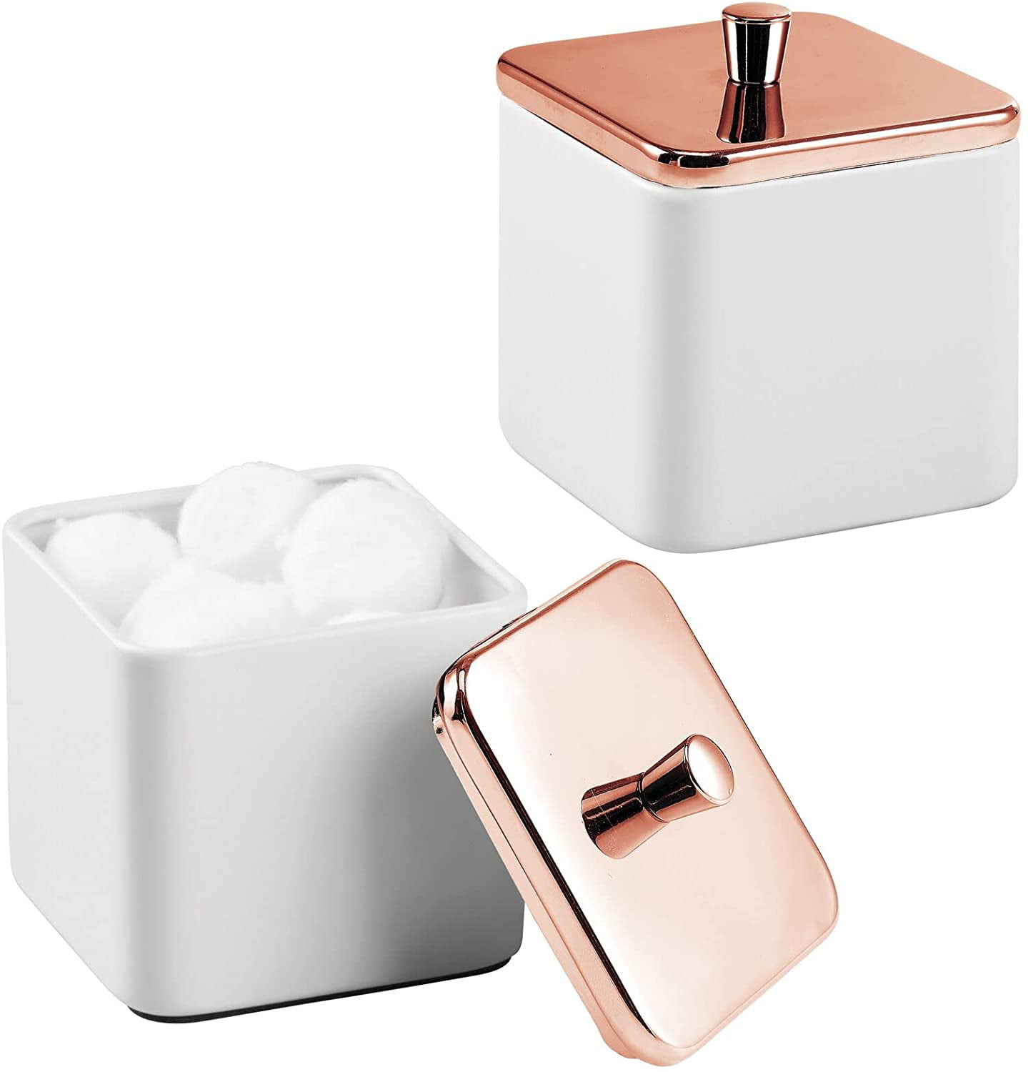 Bath Salts Makeup Sponges mDesign Square Metal Bathroom Vanity Countertop Storage Organizer Canister Apothecary Jar for Cotton Swabs Rose Gold Rounds Balls Blenders 