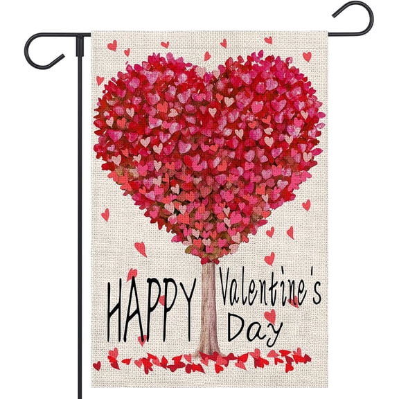 Valentines Day Happy Love Hearts Tree Garden Flag 12x18 Inch Double Sided Rustic Holiday Anniversary Outdoor Decor