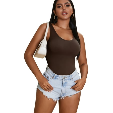 FOCUSSEXY Women s Ribbed Bodysuits One Piece Backless U Neck Bodysuits Thong Body Shaper Tank Top Sleeveless Shapewear Slimming Bodysuit Shaper Full Body Shaper Waist Slimming Body Briefer