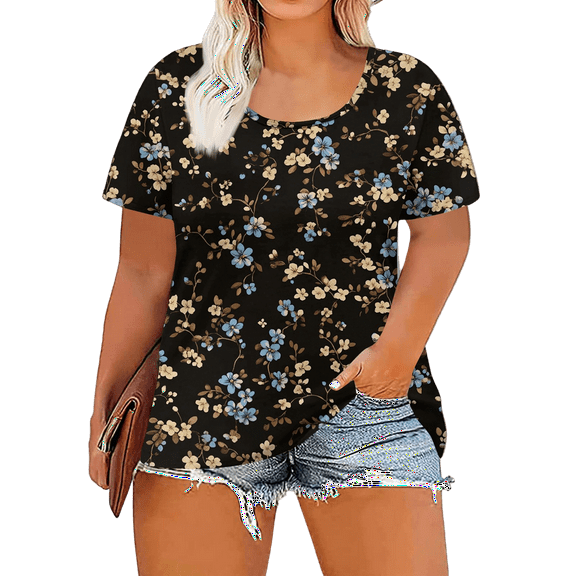 XADYUY Women's Plus Size Tops 4x-5x Summer Short Sleeve Tops Daisy Floral Graphic Tees Crew Neck T Shirts Large Casual Blouses,3XL