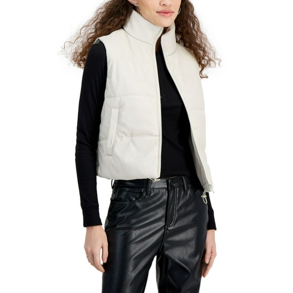 Juniors' Faux-Leather Puffer Vest Sand M