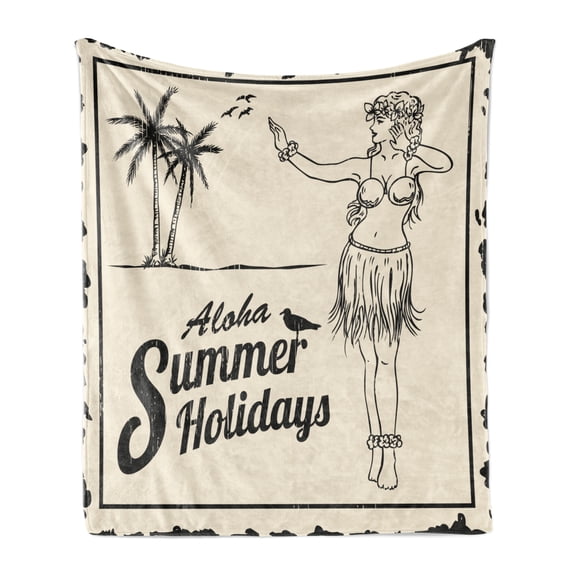 Hula Girl Soft Flannel Fleece Blanket, Aloha Summer Holidays Vintage Poster Pattern with a Girl Dancing Summer, Cozy Plush for Indoor and Outdoor Use, 50" x 60", Cream Charcoal Grey, by Ambesonne