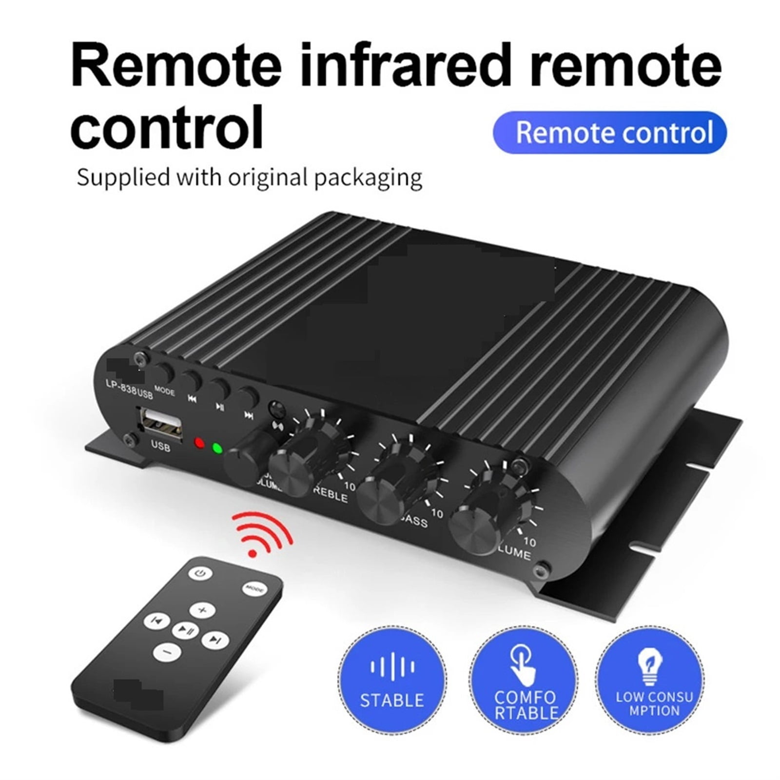 Car Power Amplifier 38W X 2R/L Stereo+50W Subwoofer Amplifier Hi-Fi Integrated Mini Speaker Amp Receiver 12V ,Bass Treble Control