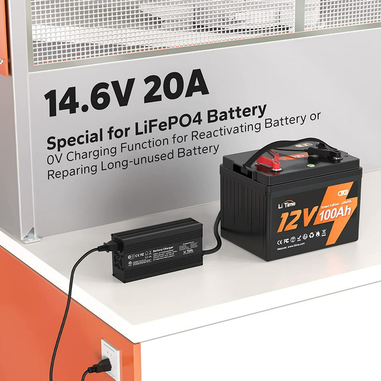 LiTime 12V 20A Lithium Battery Charger, 14.6V LiFePO4 Smart AC-DC Battery Charger for Lithium LiFePO4 Deep Cycle Batteries, Black