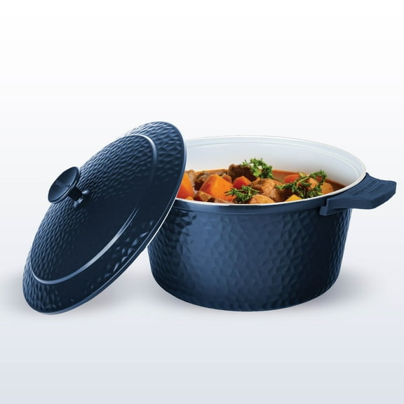 Gotham Steel Ceramic Hammered 5 Qt Lightweight Dutch Oven Pot with Lid & Holders, Oven Safe & Even Heat Retaining Dutch Oven for Bread Baking Sourdough, Soup, 70% Lighter than Cast Iron, Navy