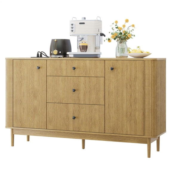 60 Inches Buffet Cabinet with Storage, Farmhouse Sideboard Buffet w/2 Drawers and 3 Doors, Wood Bar Cabinet with Adjustable Shelves, Sideboard Storage for Kitchen, Living Room