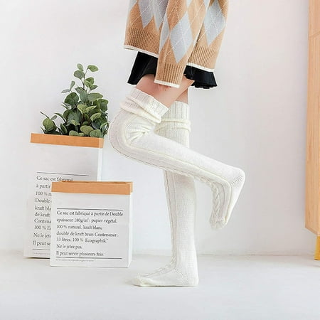 harmtty Winter socks 1 Pair Women Winter Stockings Thickened Knitted Solid Color High Elasticity Anti-slip Over Knee Length Twist Warm Soft Skirt Boots Socks Winter Tights White