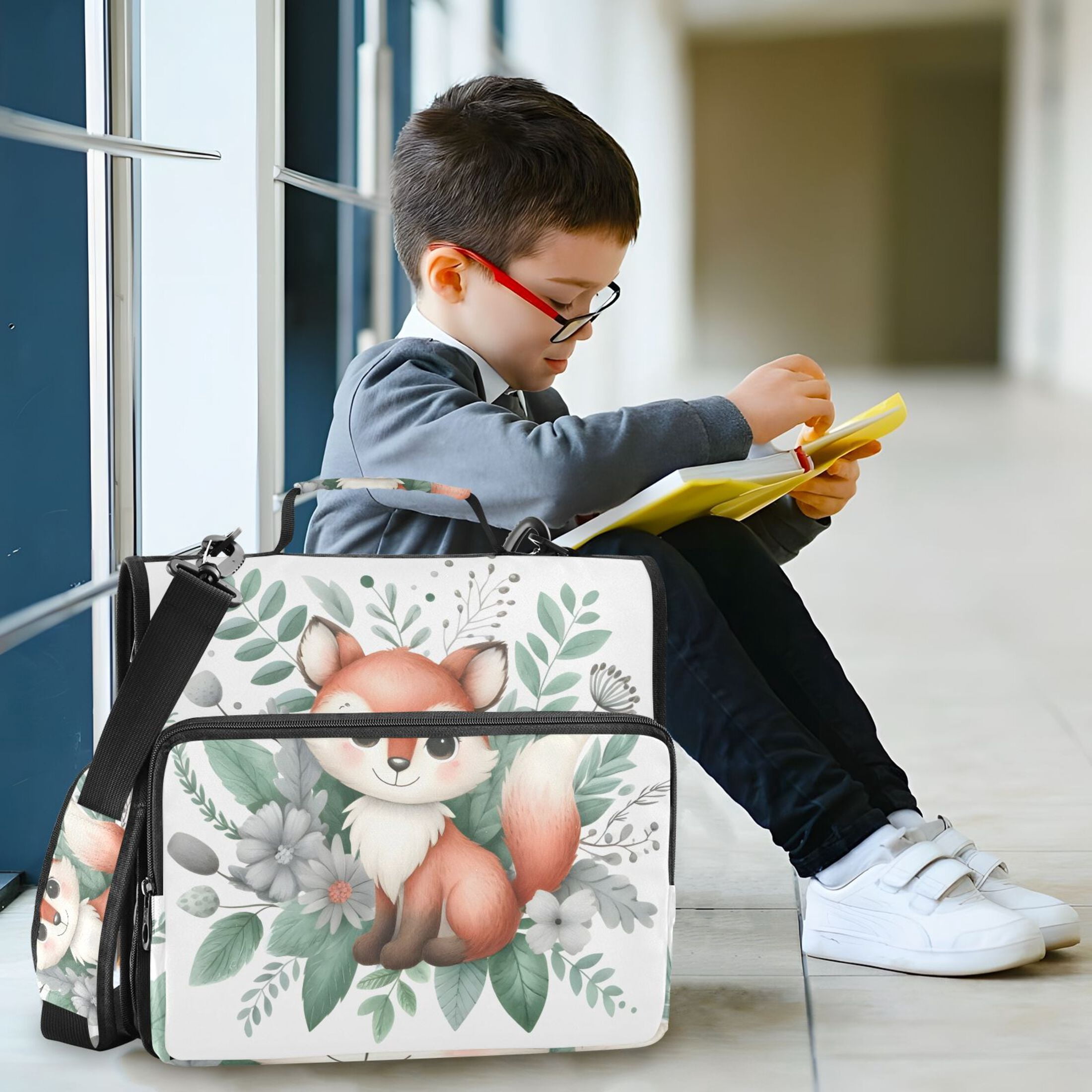 3 Ring Zipper Binder with Shoulder Strap Waterproof Trapper Keeper 2 Inch D-Ring 500 Sheets Capacity Cute Fox in Floral Bouquet