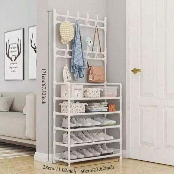 23-Inch Black Metal Entryway Storage Rack, 3-in-1 Hall Tree with Shoe Storage, 4-Tier Shelves and 8 Hooks, Freestanding Coat and Shoe Organizer for Entryway Bedroom Hallway