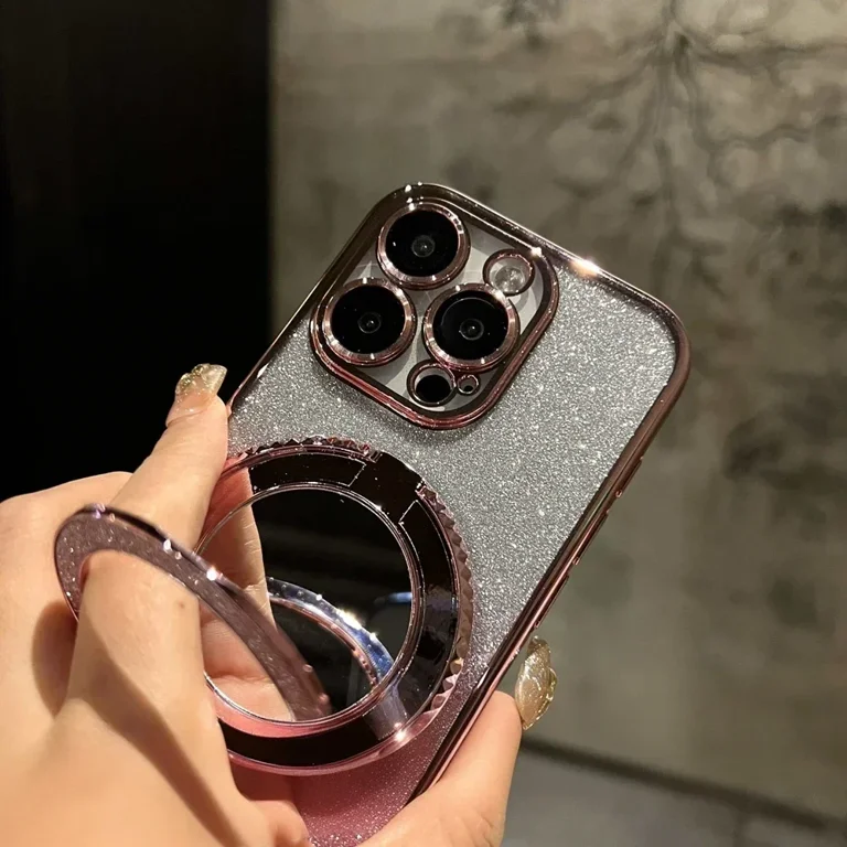 INS Japan Korea Silver Bow Knot Makeup Mirror Phone Case for iPhone 16, 15, 14, 13, 12, 11 Pro Max, X, XS, XR, 7, 8 Plus, Girl Glitter Cover