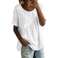 thumbnail image 2 of Axiiglly White Linen Tops for Women Boho Short Sleeve Crewneck Ruched Pull On Tunic Blouses Summer Outdoor Travel Shirts S, 2 of 9