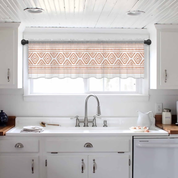 Orange Boho Valance Curtains for Kitchen/Living Room/Bathroom/Bedroom Window, Vintage Southwestern Geometric Stripes Rod Pocket Small Topper Half Short Window Curtains Voile Sheer Scarf 42"x12"