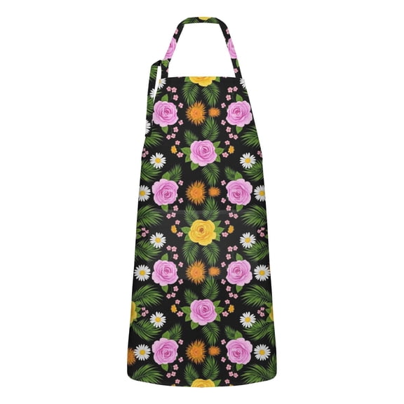 Pioneer Flower Floral Print Pattern Apron for Women and Men, Cotton Linen Waterproof with Pockets, Adjustable, 33x27 Inch for Kitchen, Gardening, BBQ, Salon